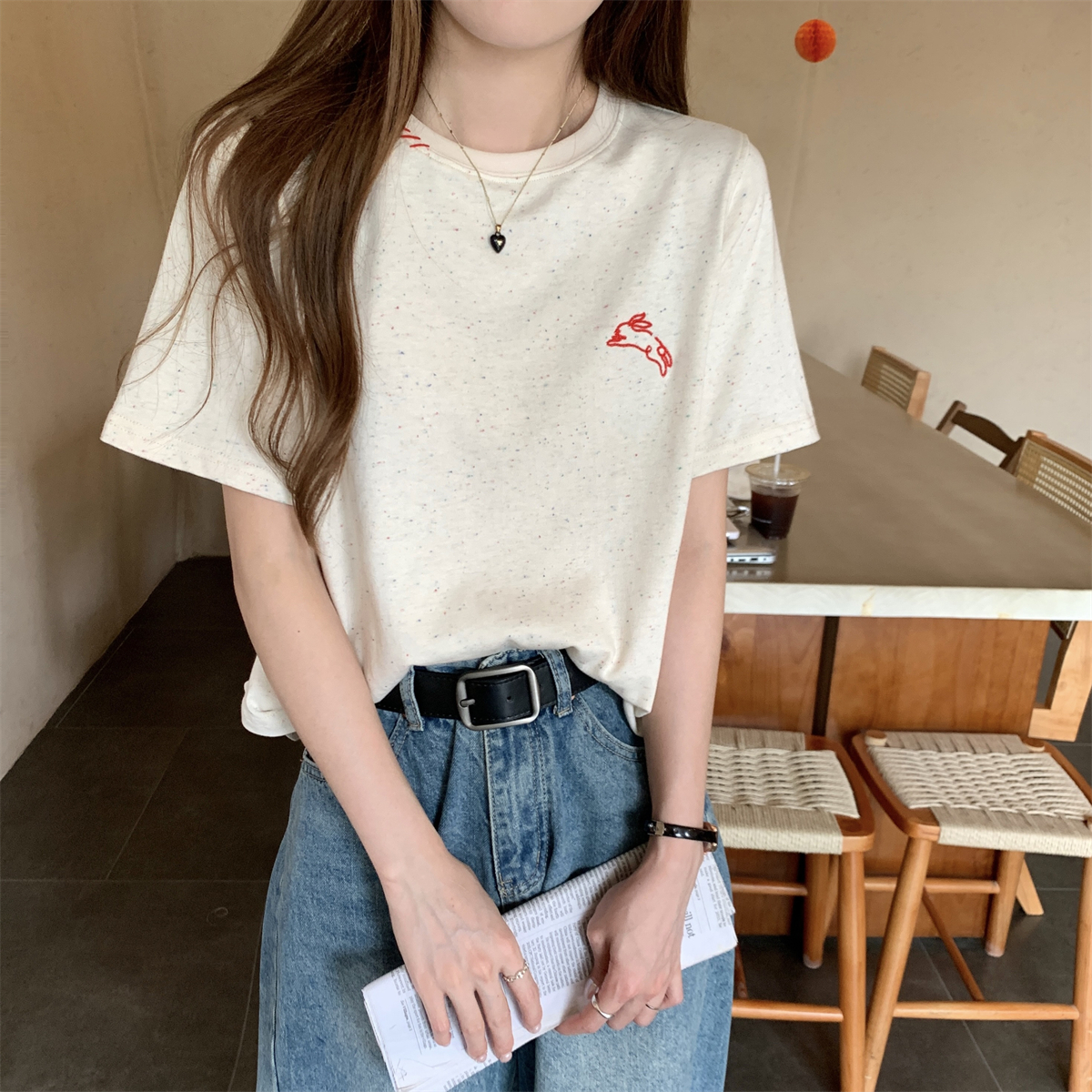 Actual shot of summer Korean style loose round neck rabbit embroidered pure cotton color dot age-reducing heavy industry short-sleeved T-shirt top