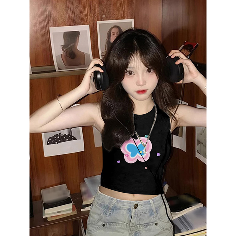 Official Photo Summer New Style Printed Slim Fit Short Round Neck Vest Sleeveless T-Shirt for Women