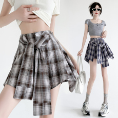 批发不规则格子半身裙女夏季新款欧货复古高腰辣妹减龄假两件短裤裙子
