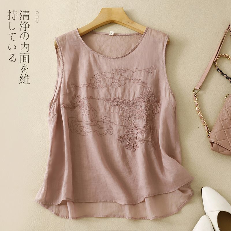 Cotton and linen embroidered solid color vest for women summer new style Baita comfortable loose round neck top
