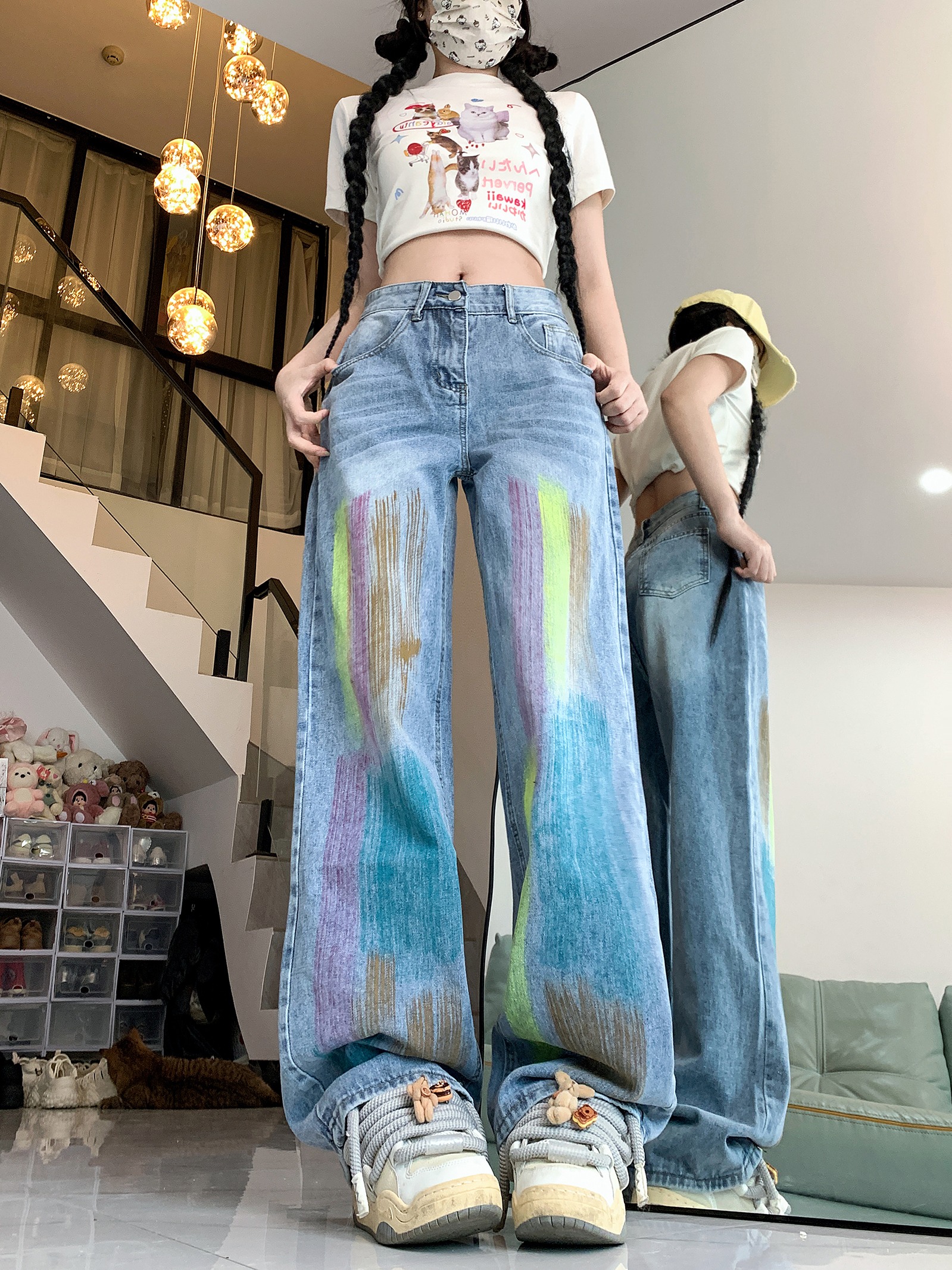 Actual shot ~ Retro high-waisted loose wide-leg jeans for women straight-leg slimming trousers