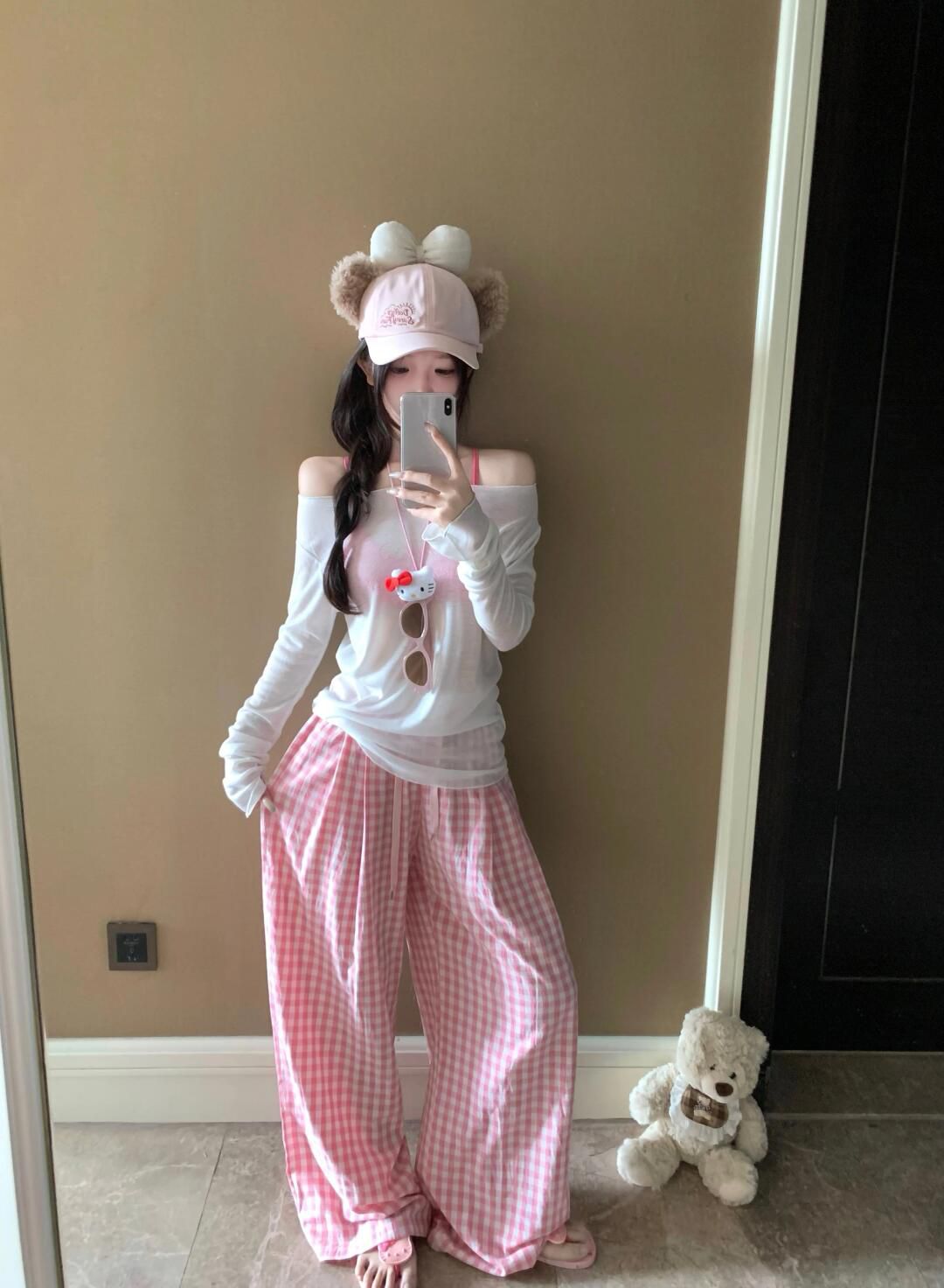 Pink Plaid Wide Leg Pants Women's Summer 2024 New High Waist Loose Straight Leg Lazy Floor-Mopping Walking Pants for Little People