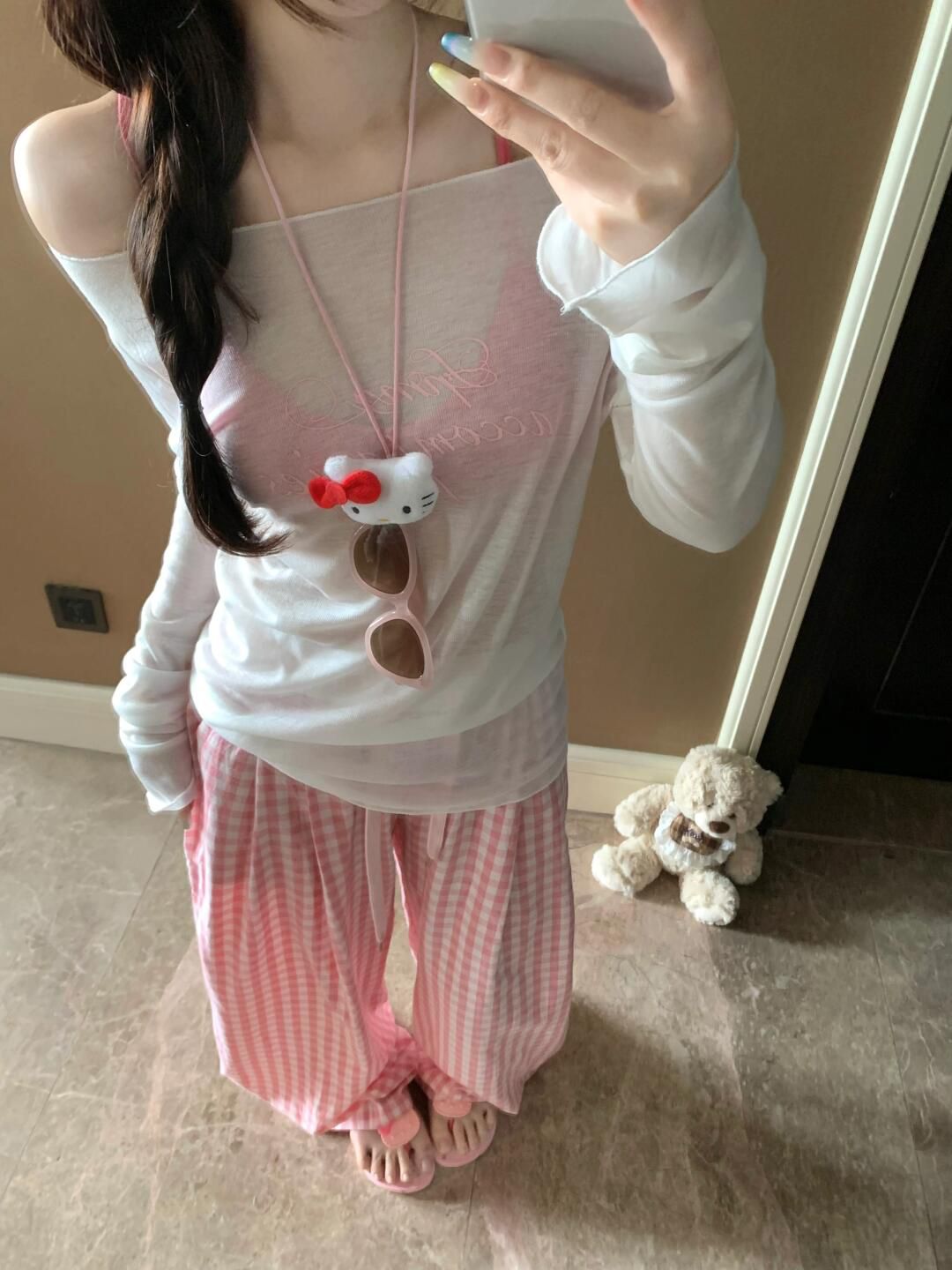 Pink Plaid Wide Leg Pants Women's Summer 2024 New High Waist Loose Straight Leg Lazy Floor-Mopping Walking Pants for Little People