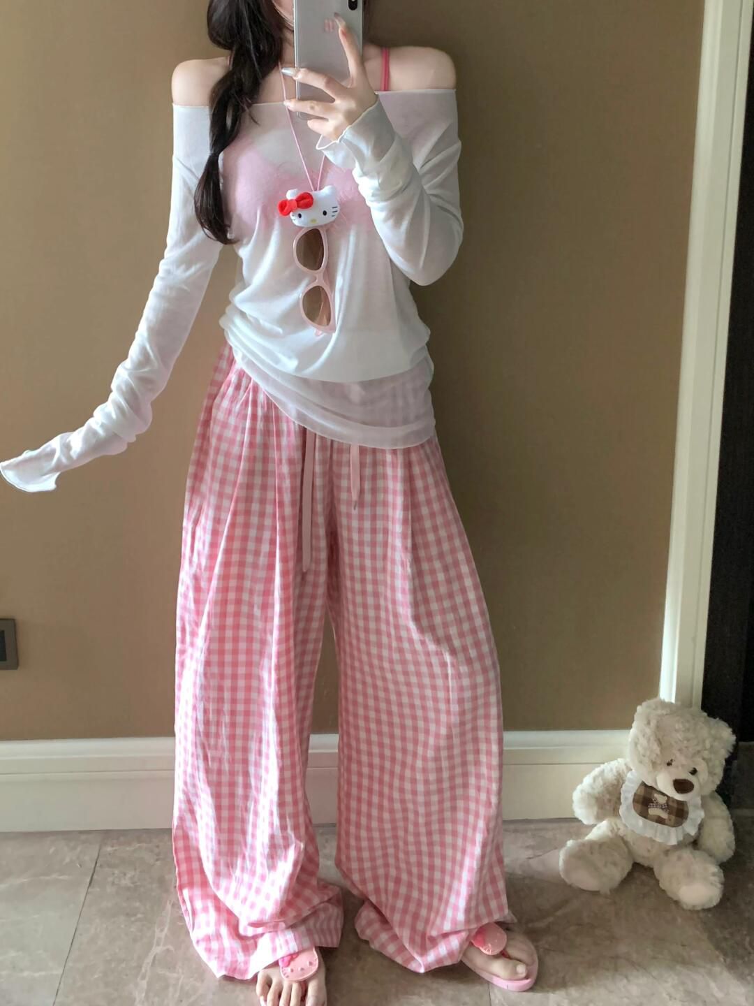 Pink Plaid Wide Leg Pants Women's Summer 2024 New High Waist Loose Straight Leg Lazy Floor-Mopping Walking Pants for Little People