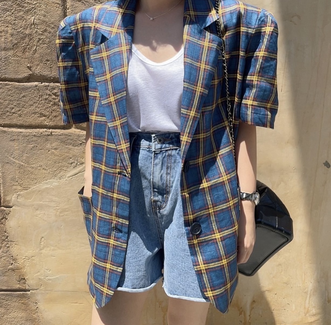 South Korea Dongdaemun short-sleeved plaid women's suit jacket