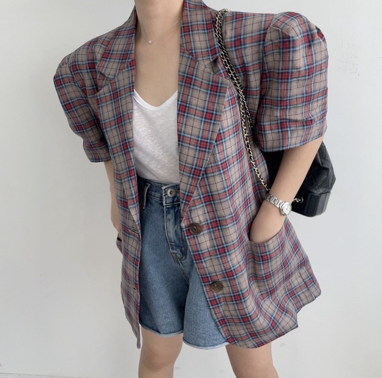 South Korea Dongdaemun short-sleeved plaid women's suit jacket