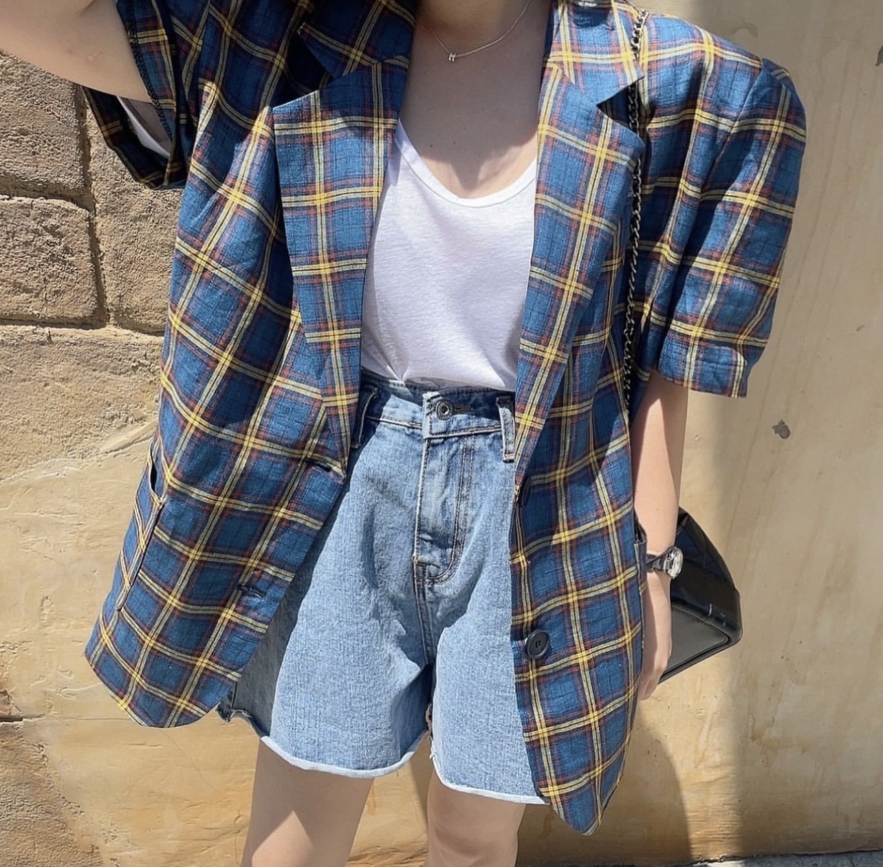 South Korea Dongdaemun short-sleeved plaid women's suit jacket