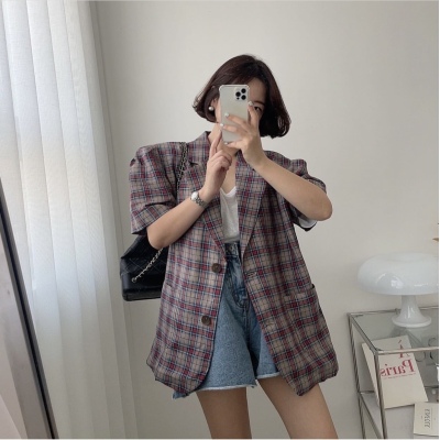 South Korea Dongdaemun short-sleeved plaid women's suit jacket