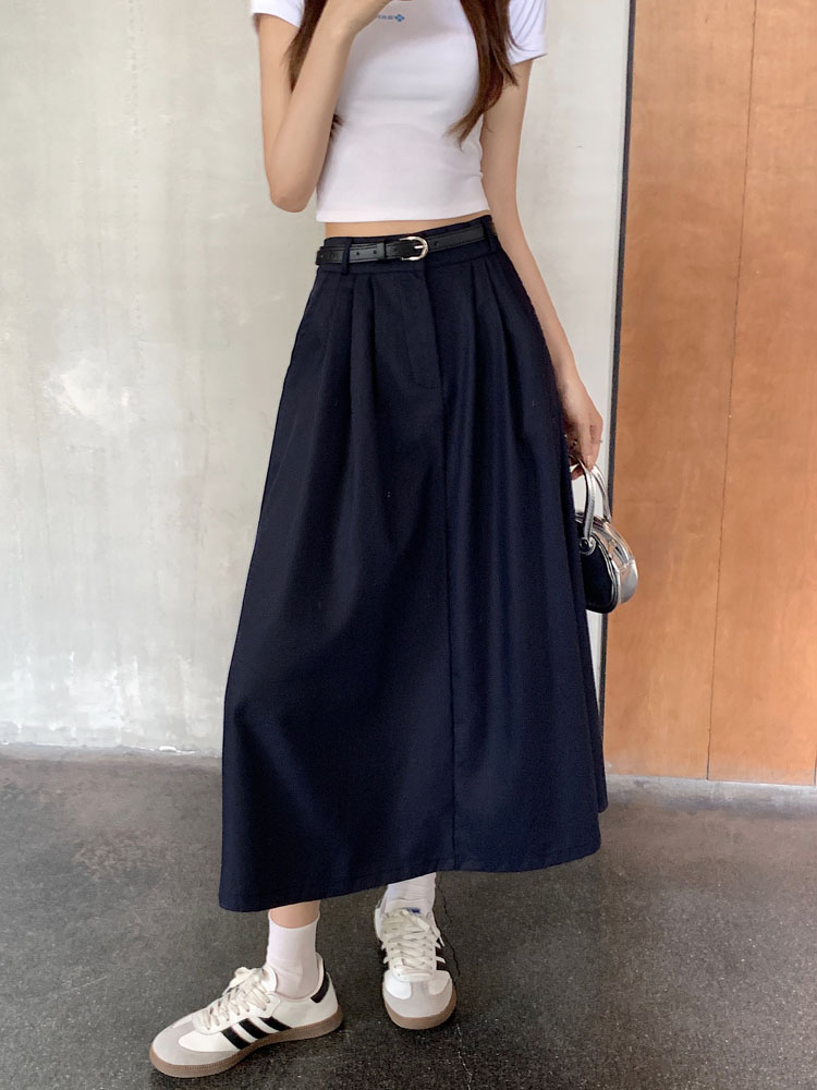 Actual shot ~ New Korean style design semi-elastic waist skirt A-line skirt with belt