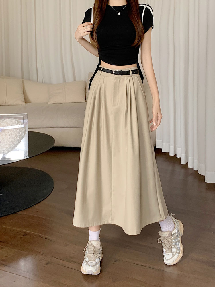 Actual shot ~ New Korean style design semi-elastic waist skirt A-line skirt with belt