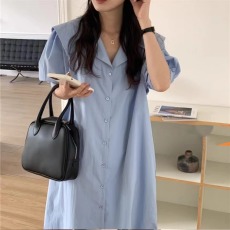 批发韩国chic夏季小众大翻领<b class='q'>宽松</b>休闲单排扣灯笼袖长款<b class='q'>连衣裙</b>女