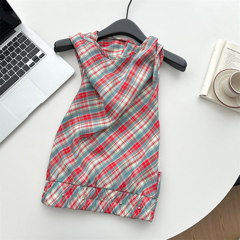 NIMOWANG Lost in Tokyo Red Plaid Swing Collar Top Women's Summer Hot Girl Sleeveless Hooded Outer Vest