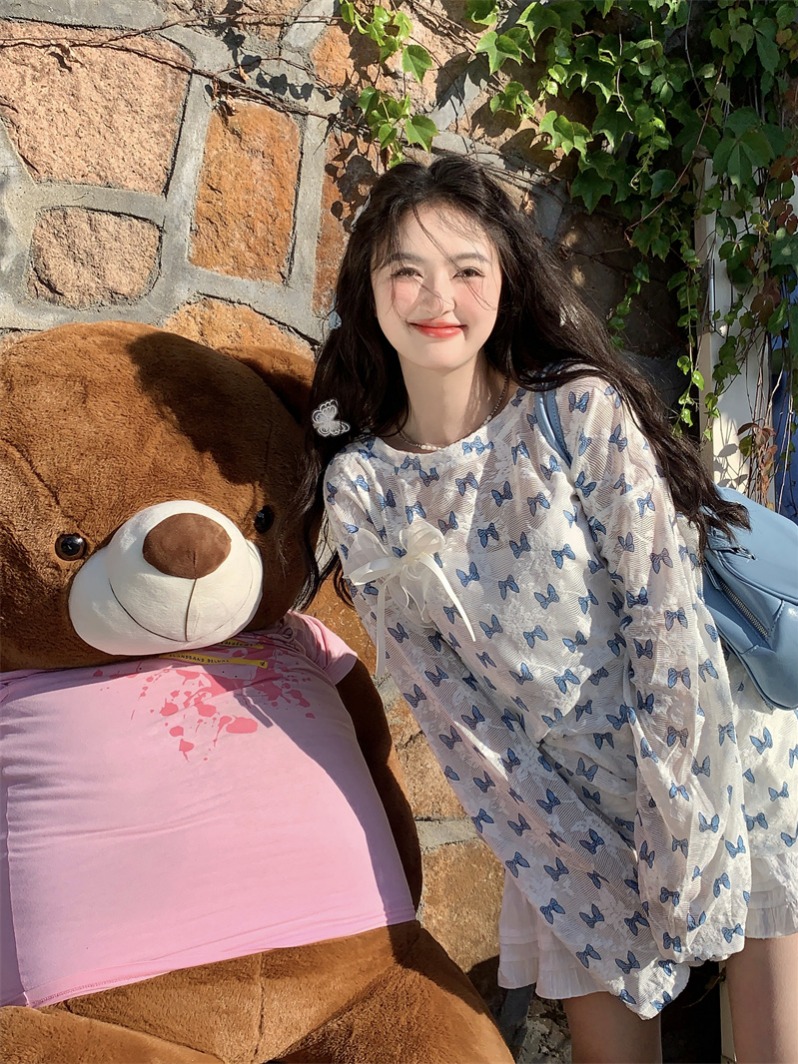 실사 빅 사이즈 한 부서 달콤함 도파민 나비 프린트 얇은 스타일 나비 매듭 루즈핏 자외선 차단 티셔츠 맨위