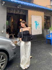 Actual shot of new design niche puff sleeve one-shoulder tube top French gentle style short shirt for women