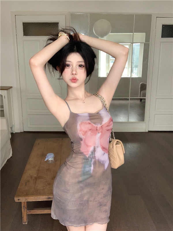 Real shot of hot girl slimming in butterfly print mesh short suspender dress