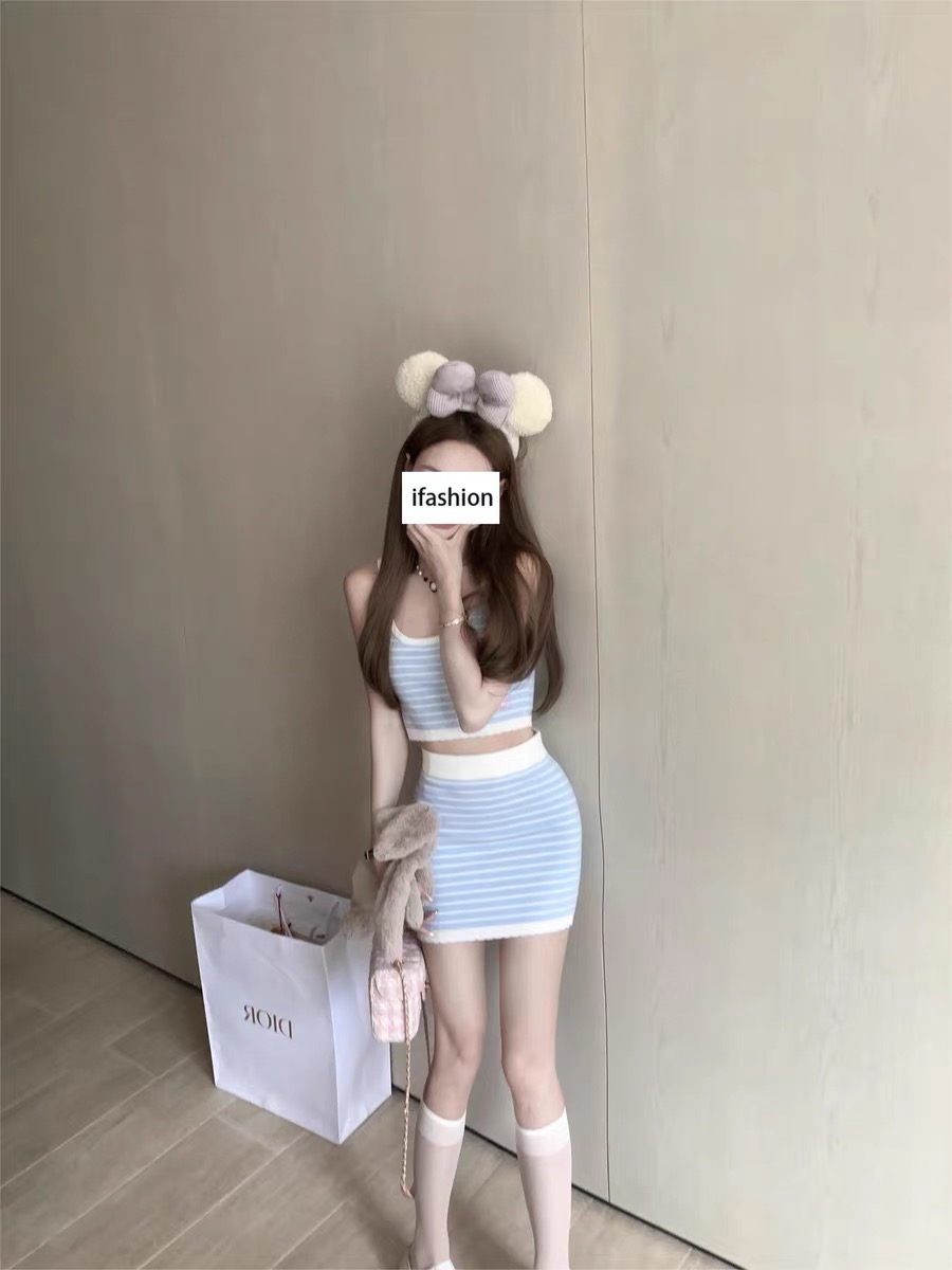 COOLLINE 甜妮莉莉安 miu系baby蓝条纹针织甜美刺绣套装