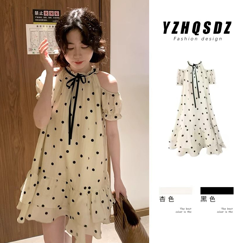 Sweet style off-shoulder puff short-sleeved dress for women summer new retro polka dot temperament puff skirt doll skirt