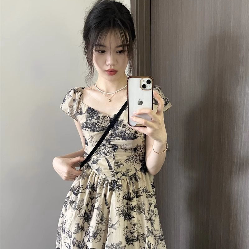 New Chinese style ink print square neck short-sleeved dress for women summer high-end temperament waist slimming A-line long skirt