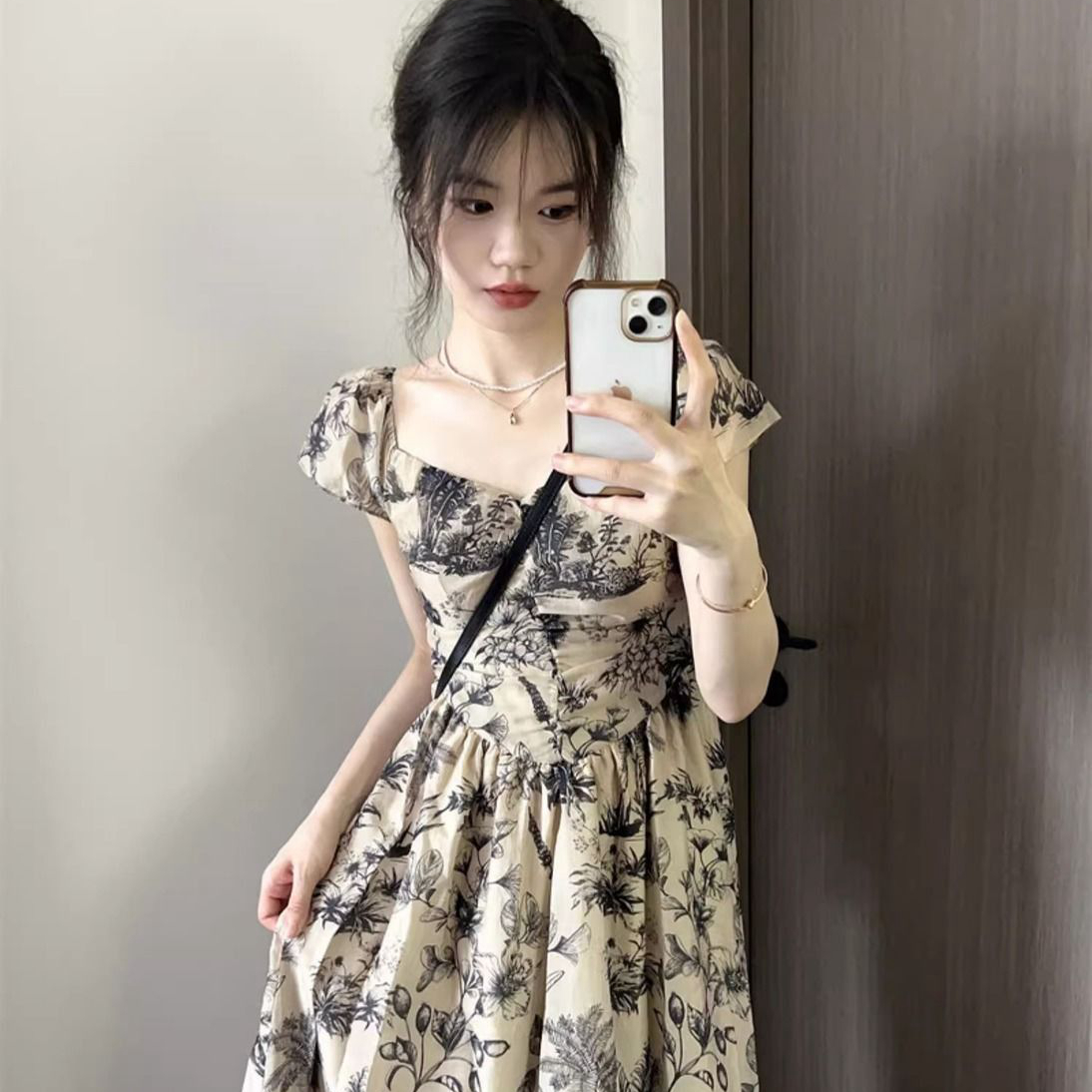 New Chinese style ink print square neck short-sleeved dress for women summer high-end temperament waist slimming A-line long skirt