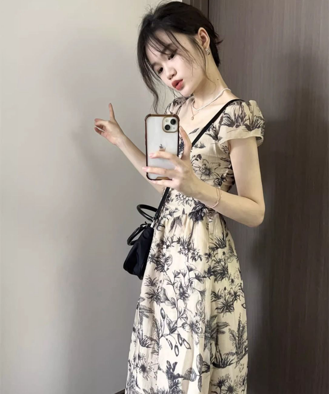 New Chinese style ink print square neck short-sleeved dress for women summer high-end temperament waist slimming A-line long skirt