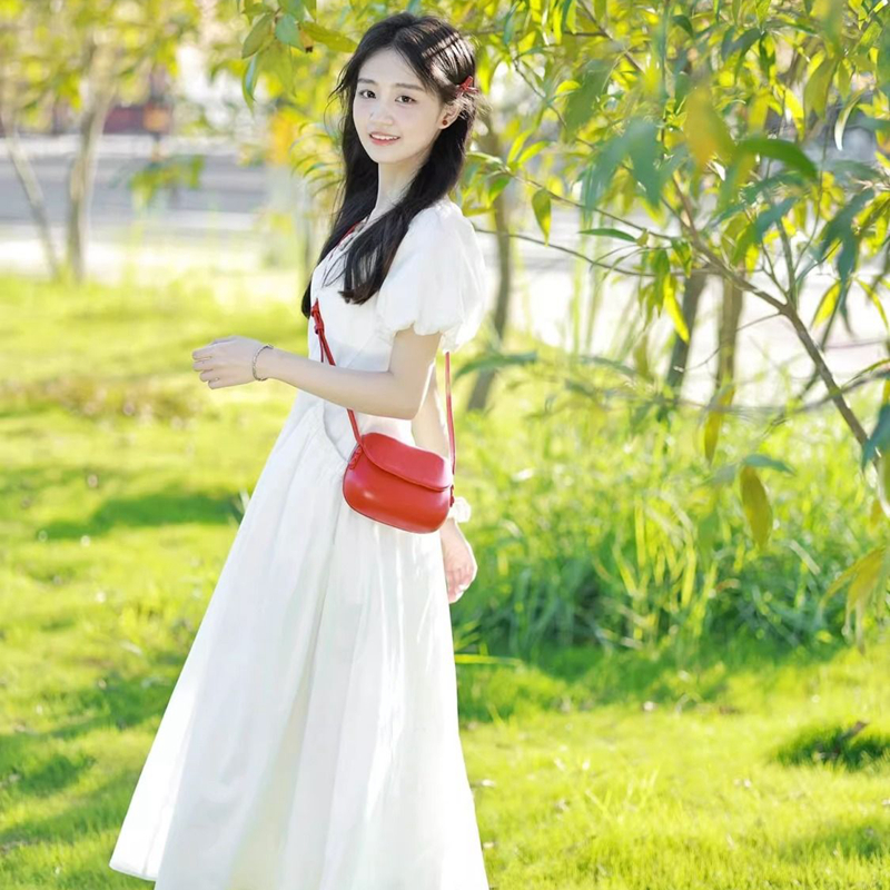 French gentle style first love dopamine white v-neck dress high-end waist slimming puff sleeve long dress summer