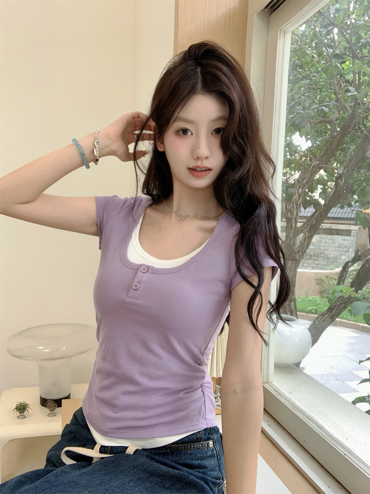 Real shot of summer Korean style contrasting button fake two-piece pleated slimming design pure cotton short-sleeved T-shirt top