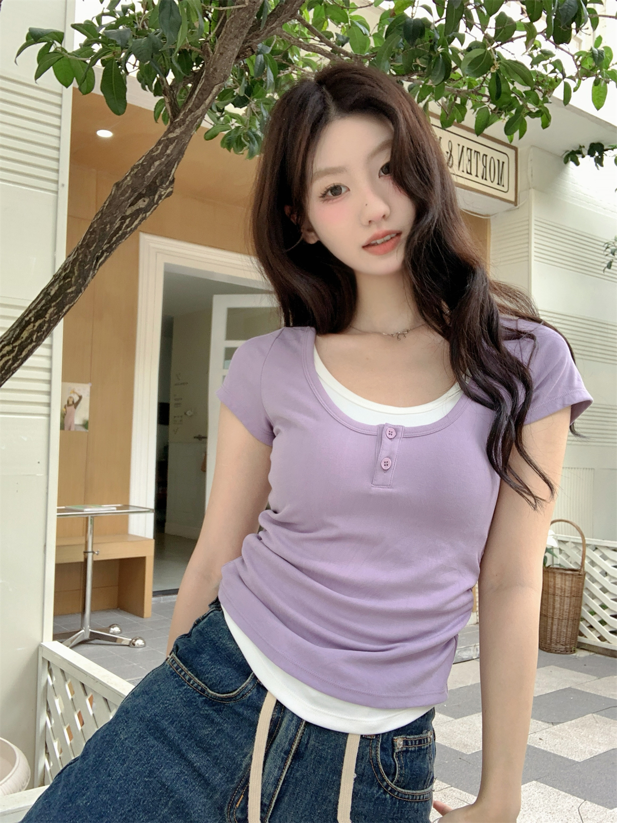 Real shot of summer Korean style contrasting button fake two-piece pleated slim design pure cotton short-sleeved T-shirt top
