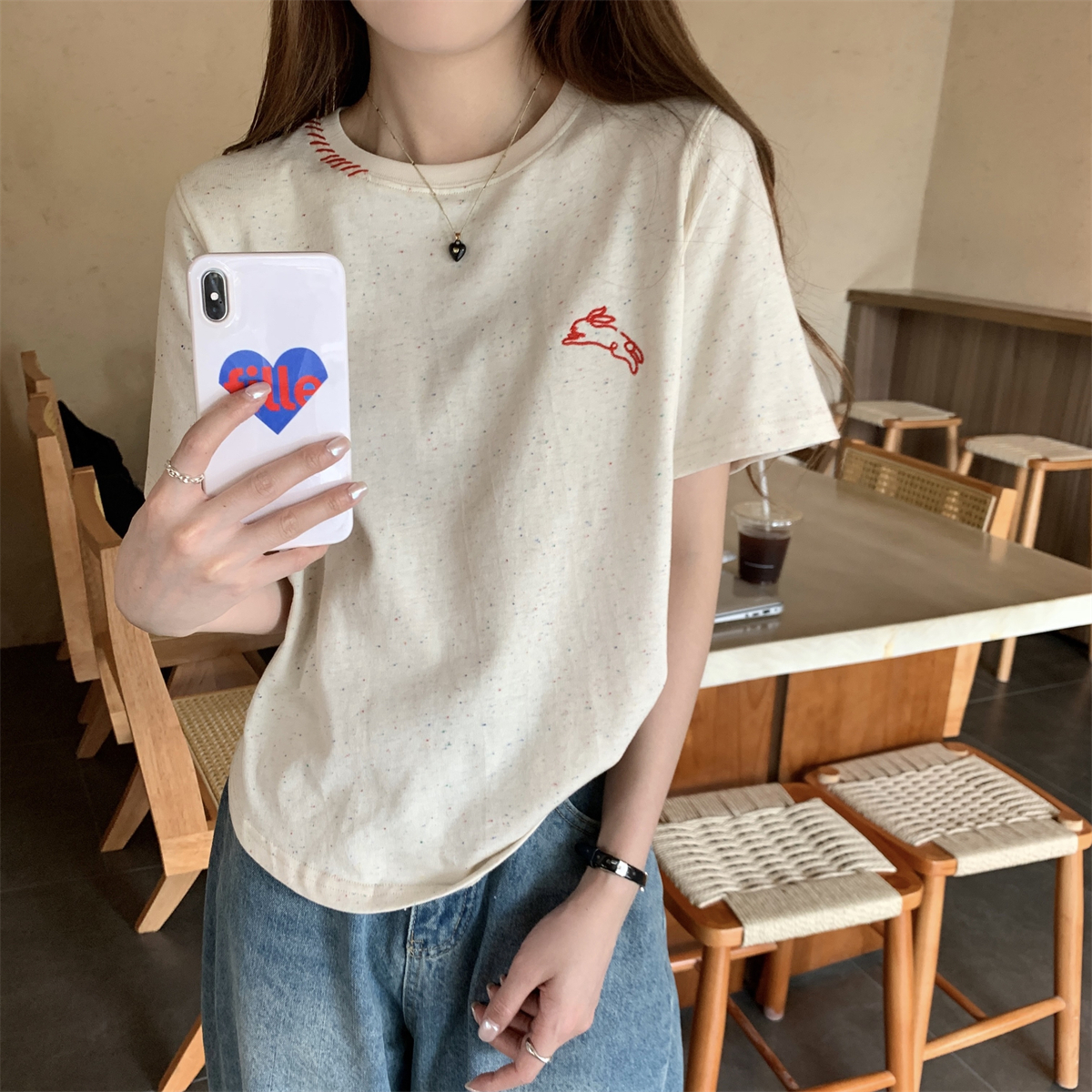 Actual shot of summer Korean style loose round neck rabbit embroidered pure cotton colorful dot age-reducing versatile short-sleeved T-shirt top