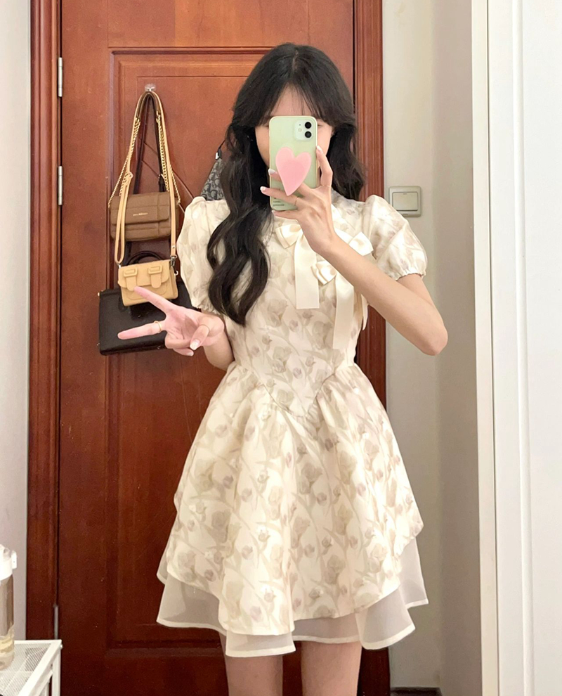 New Chinese style waist slimming tutu skirt for women 2024 summer new design puff sleeve floral dress college