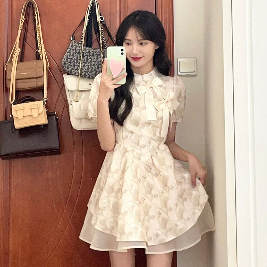 New Chinese style waist slimming tutu skirt for women 2024 summer new design puff sleeve floral dress college