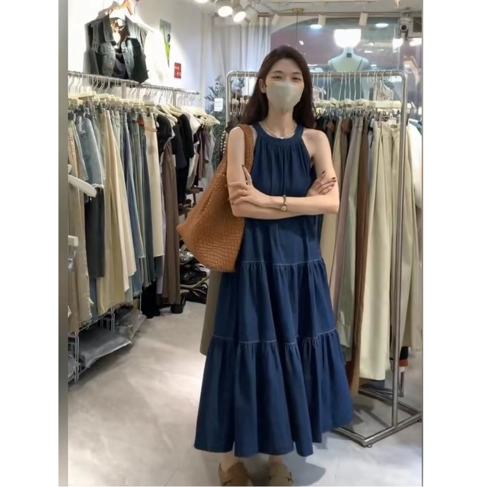 French off-shoulder halterneck dress 2024 summer new loose mid-length high-end dark blue denim skirt