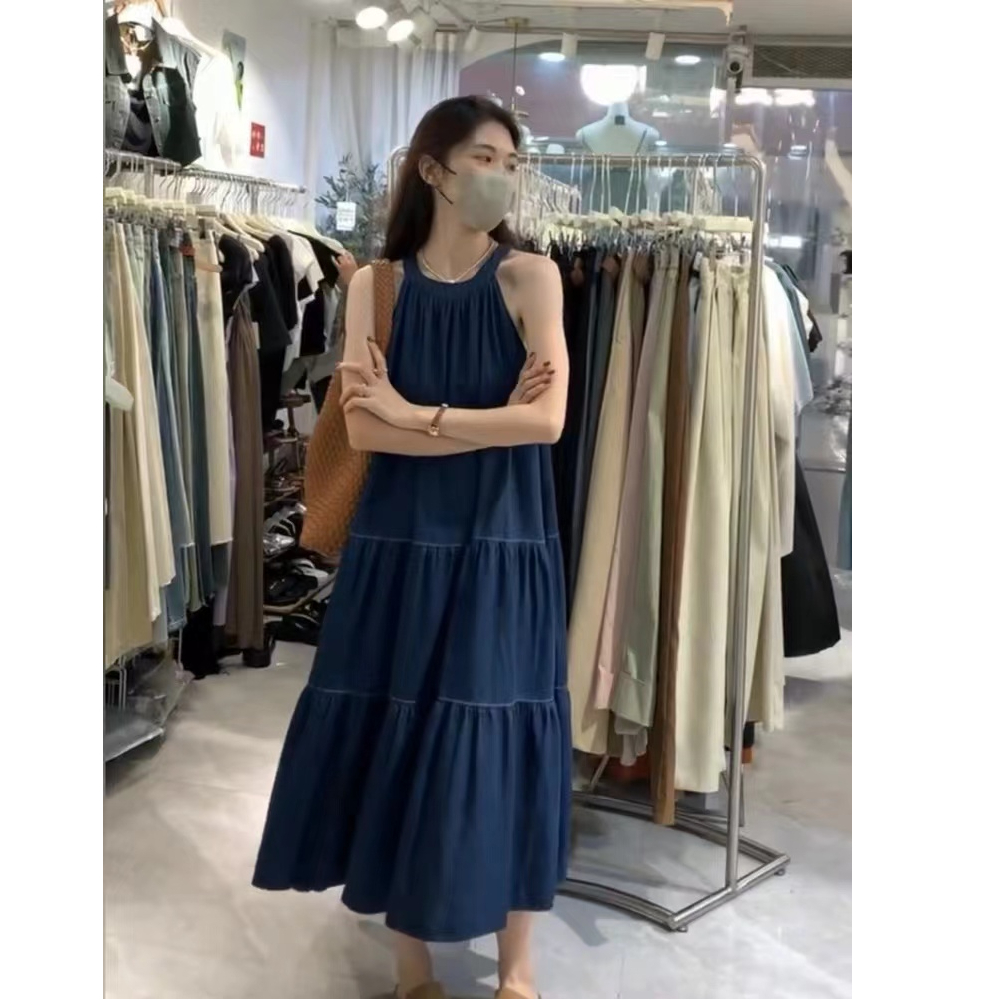 French off-shoulder halterneck dress 2024 summer new loose mid-length high-end dark blue denim skirt