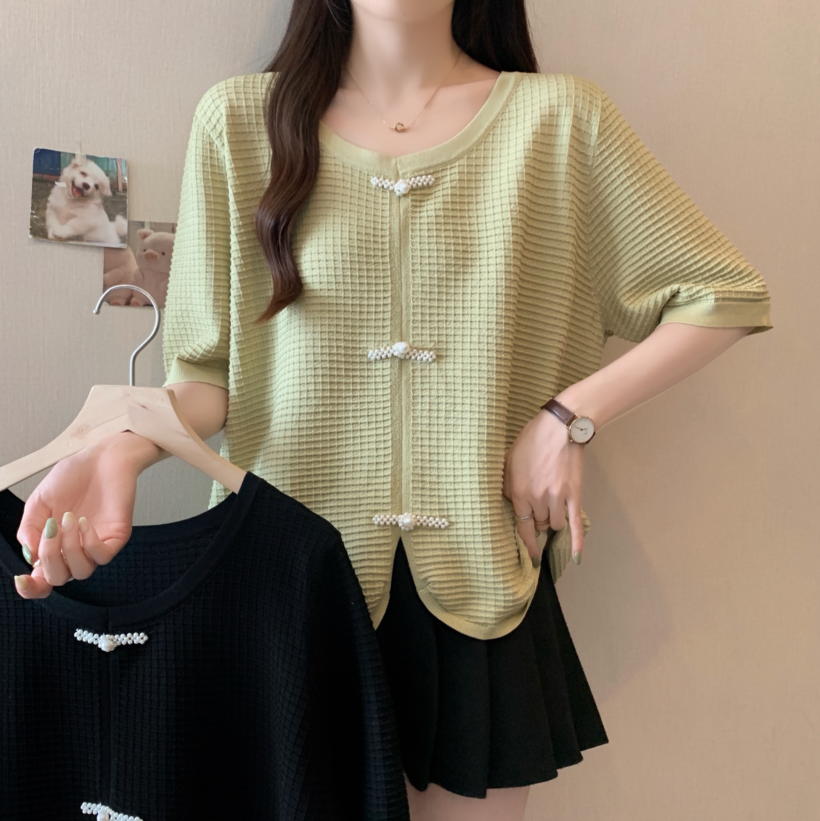 있음 선적 실사 지방 mm 빅 사이즈 새로운 중식 단추 반팔 니트 스웨터 슬림해 보이는 표지 고기 맨위