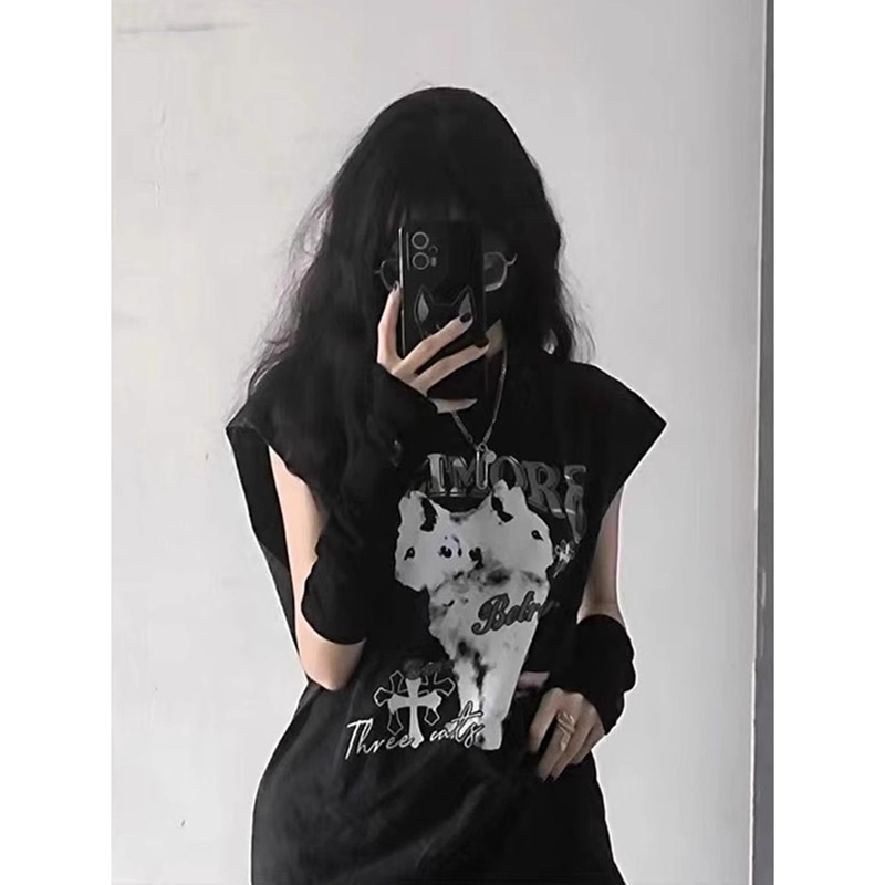 Stretch washed cotton dark style kitten devil hooded sleeveless T-shirt women's loose vest