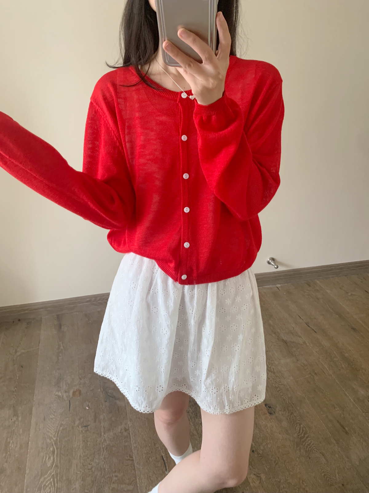 Bow embroidered red short knitted cardigan for women summer thin outer ice silk sun protection jacket shawl top