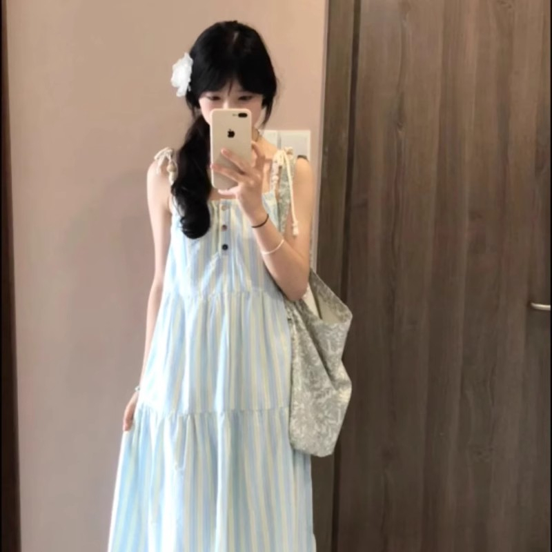 French sweet long skirt for women 2024 new summer style gentle style fresh design striped suspender dress