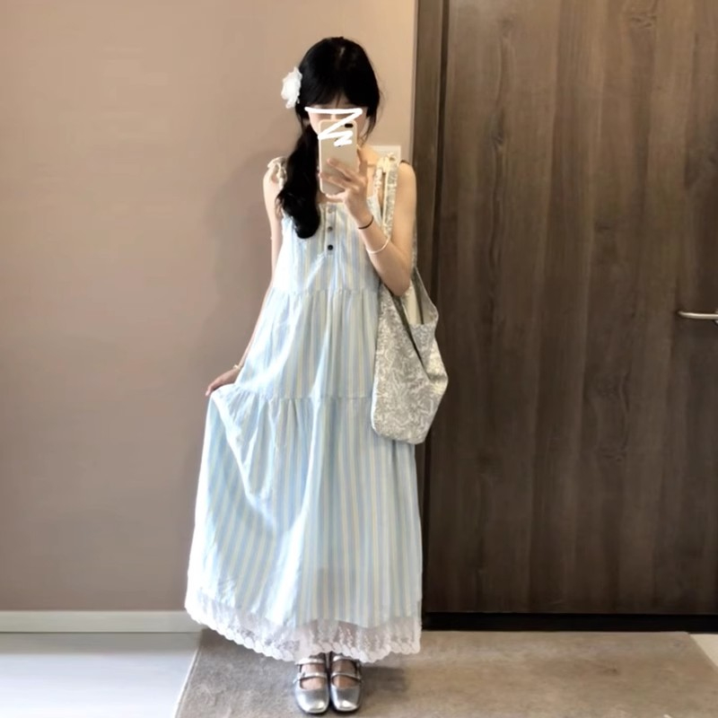 French sweet long skirt for women 2024 new summer style gentle style fresh design striped suspender dress