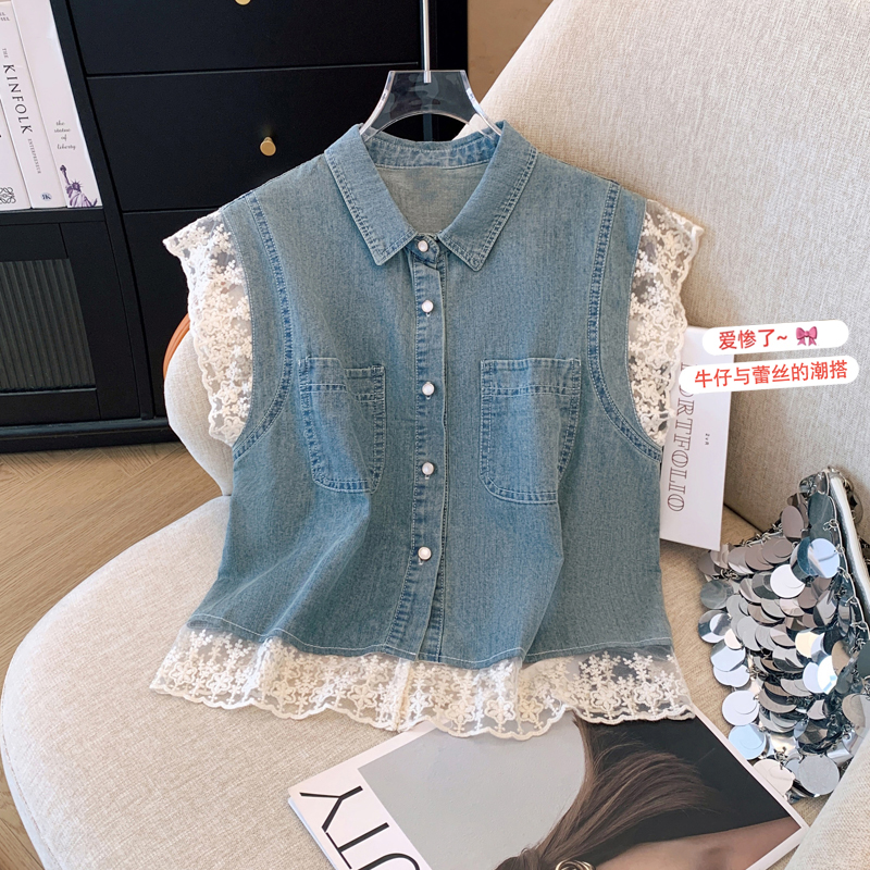 European denim vest for women summer 2024 new heavy industry design lace splicing thin sleeveless vest top