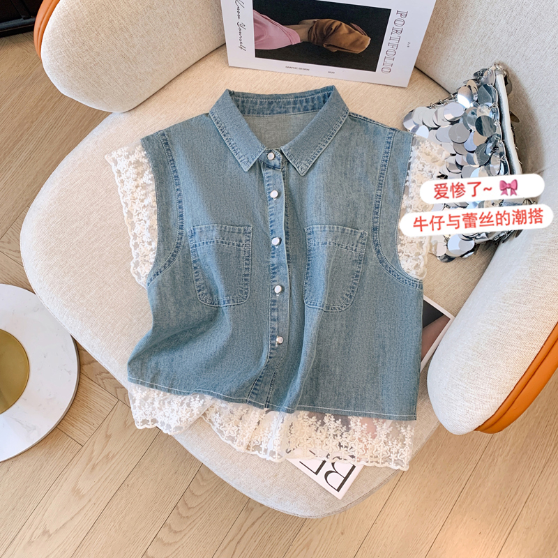 European denim vest for women summer 2024 new heavy industry design lace splicing thin sleeveless vest top