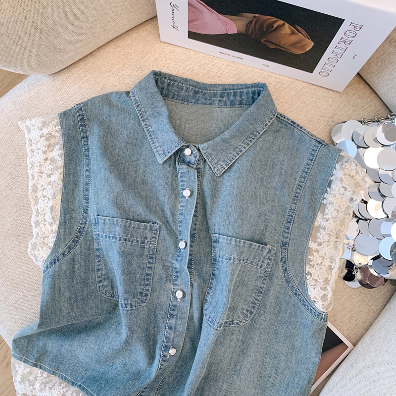 European denim vest for women summer 2024 new heavy industry design lace splicing thin sleeveless vest top