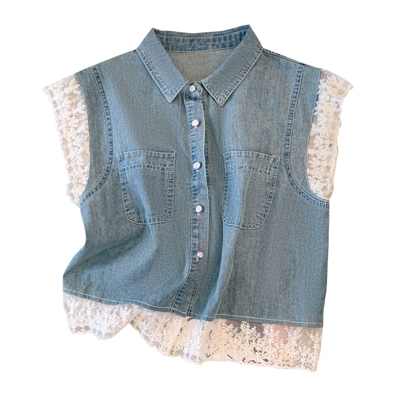 European denim vest for women summer 2024 new heavy industry design lace splicing thin sleeveless vest top