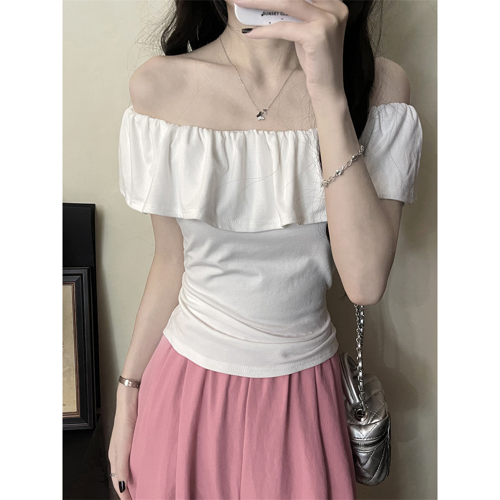 Real U One Shoulder Ruffled Short Sleeve T-Shirt Women's Pleated Design Short Top Summer 