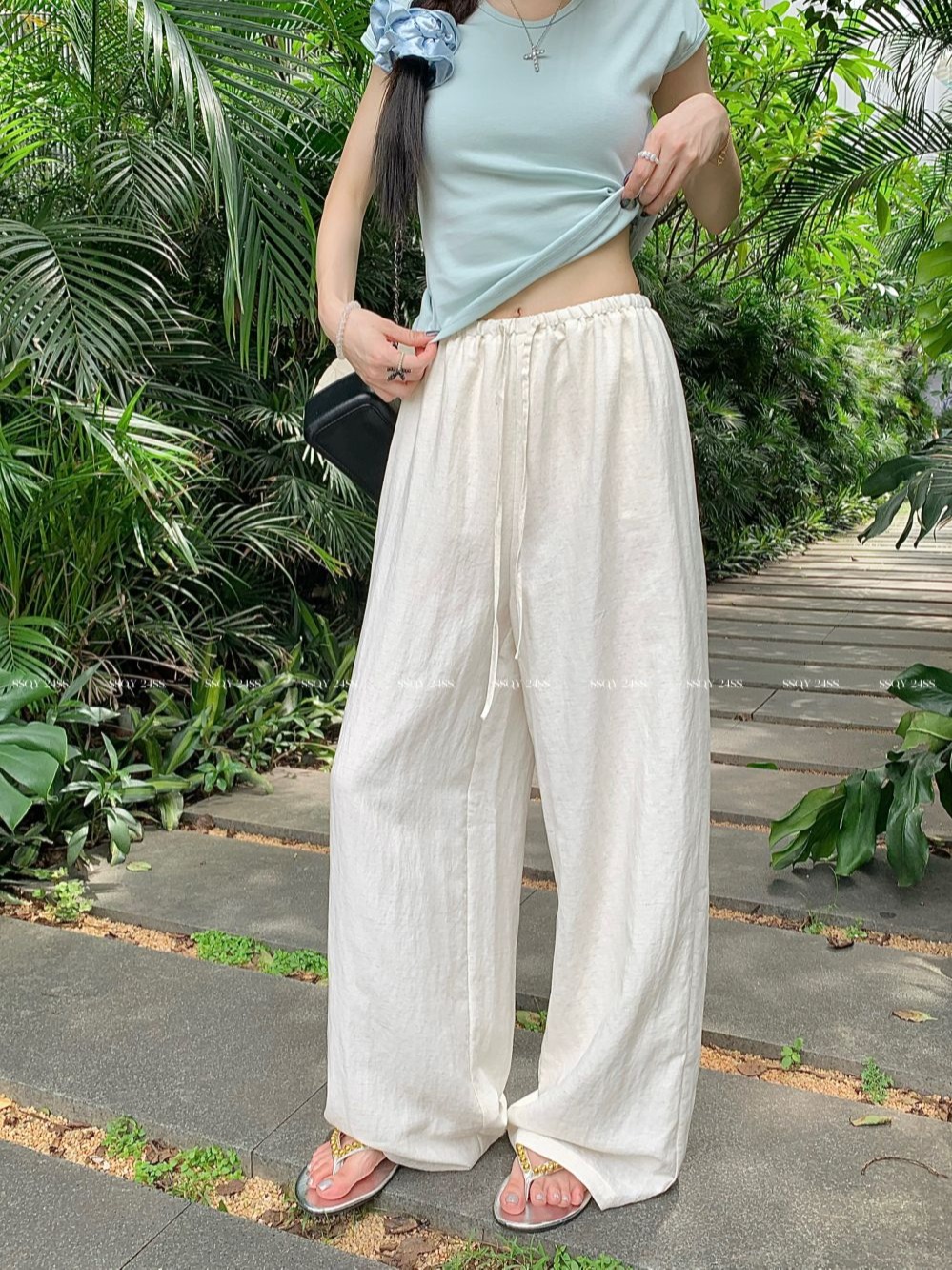 Actual shot~Slim waist cotton and linen wide-leg pants casual women's summer thin sunscreen straight floor-length trousers