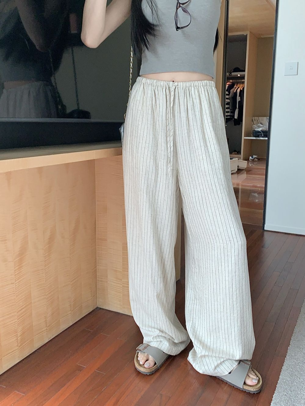 Actual shot~Slim waist cotton and linen wide-leg pants casual women's summer thin sunscreen straight floor-length trousers