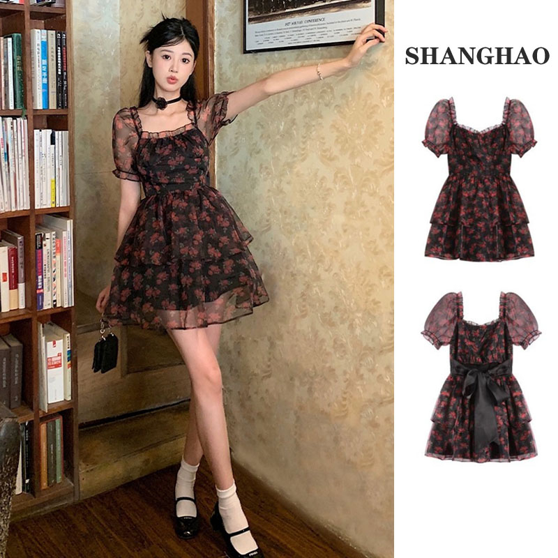 Tea break French floral suspender dress for women summer waist slimming back bow tie puffy princess dress