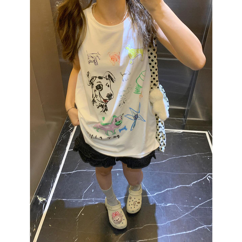 High quality pure cotton 220g 19 count combed tightly printed loose large version sleeveless vest vest for women