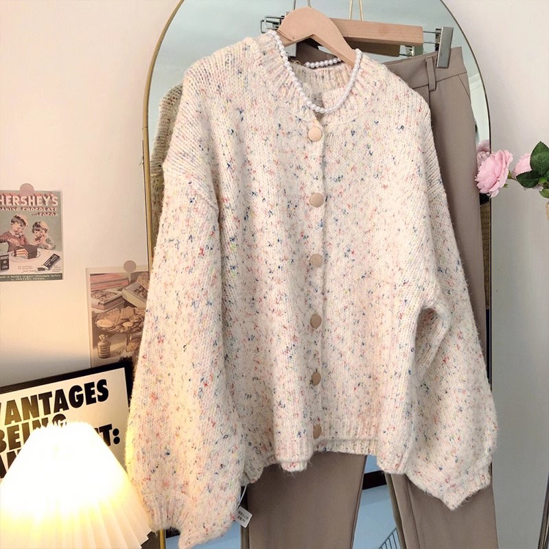 2024 Autumn Korean style colorful dot cardigan sweater for women loose lazy style knitted jacket