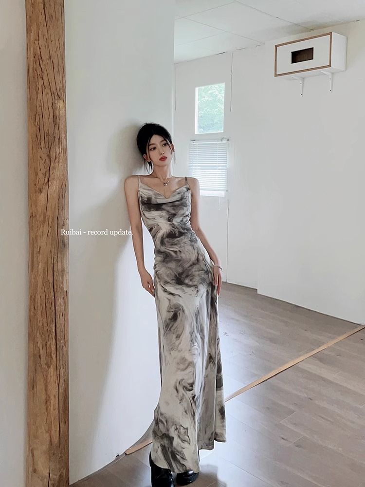 New Chinese style ink painting suspender dress for women spring French slim off-shoulder skirt with hip-hugging fishtail long skirt