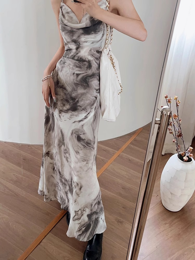 New Chinese style ink painting suspender dress for women spring French slim off-shoulder skirt with hip-hugging fishtail long skirt