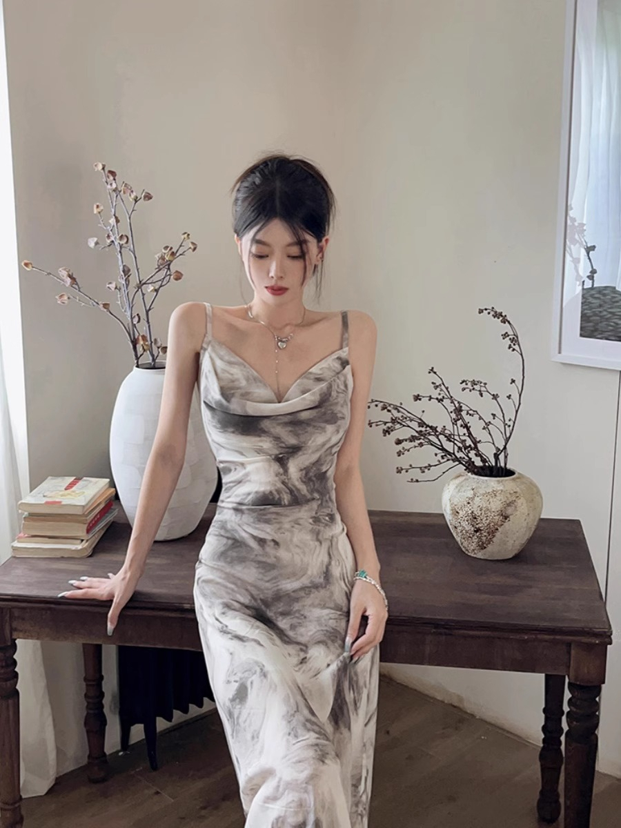 New Chinese style ink painting suspender dress for women spring French slim off-shoulder skirt with hip-hugging fishtail long skirt